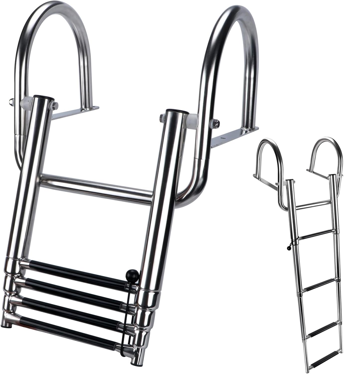 4 Step Pontoon Boat Ladder, Stainless Steel Telescoping Folding Boat Ladder Rear Entry Heavy Duty Custom Inboard with Pedal and Safe Handrails