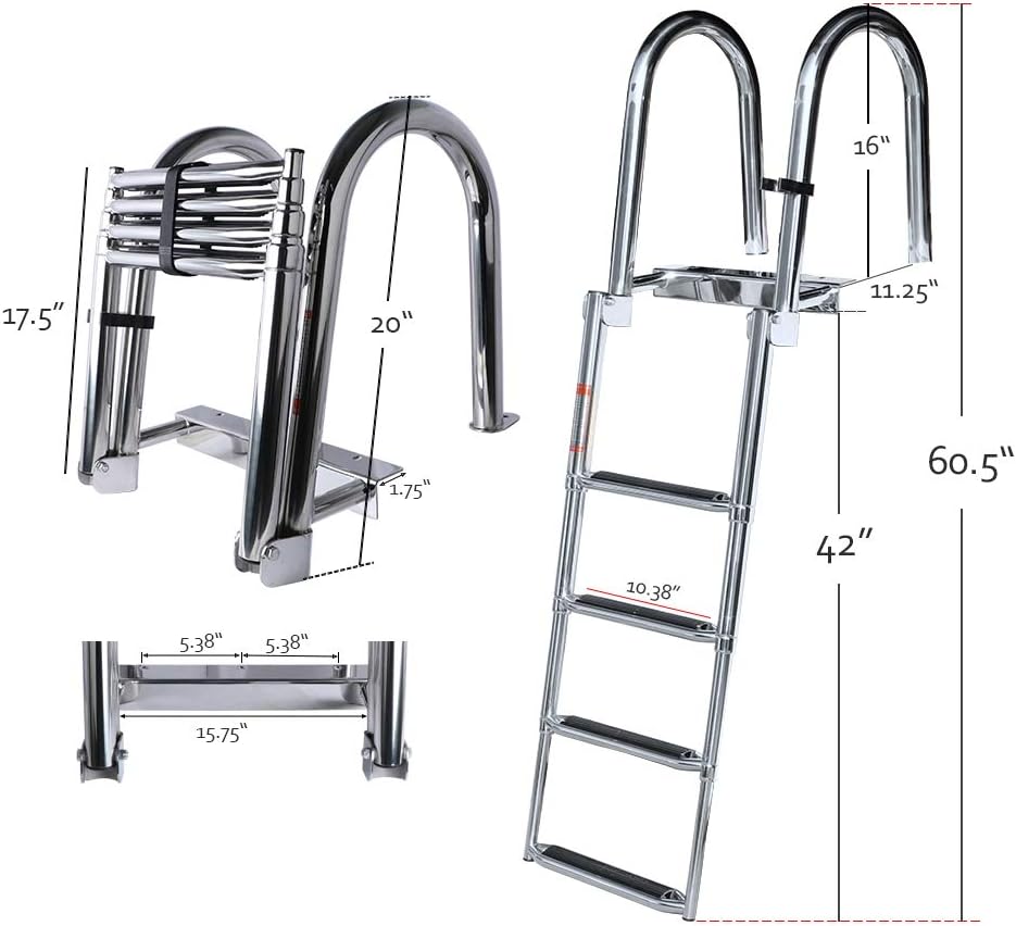 4 Step Pontoon Boat Ladder, 316 Stainless Steel Folding Telescoping Ladder Rear Entry Inboard Ladders All Welded Reinforce Heavy Duty Swim Deck Ladder Wide Steps Safe Handrails
