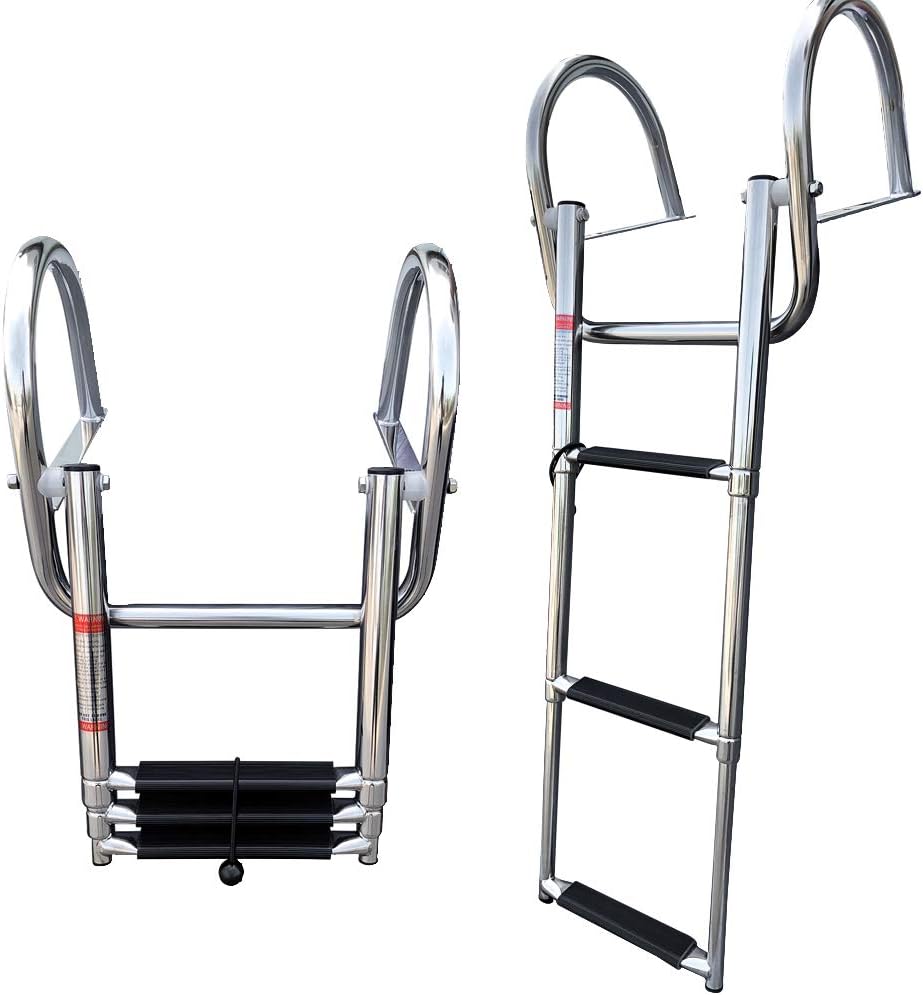 Pontoon Boat Ladder, Stainless Steel 3 Step Telescoping Boat Boarding Ladder with Wide Steps, Folding Boat Swim Ladder,Dock Ladder with Hand Railings Heavy Duty