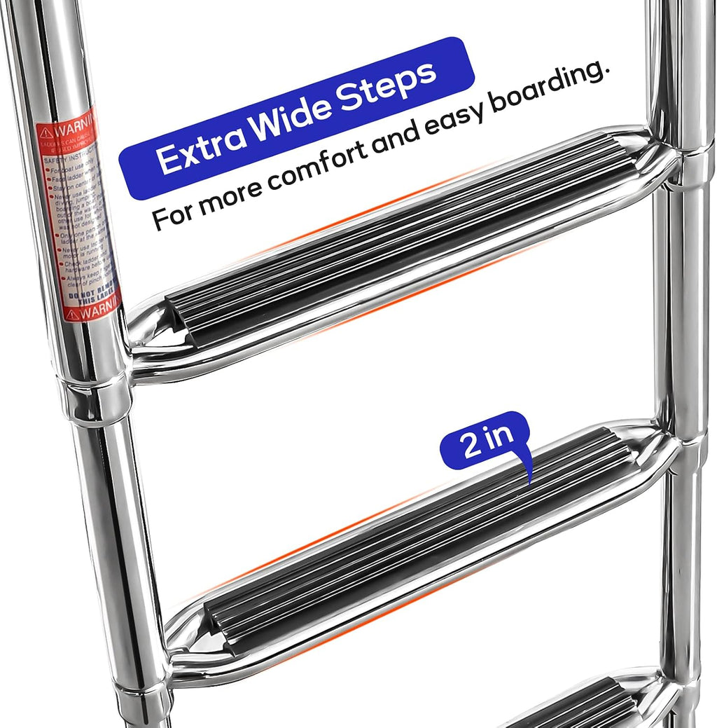 4 Step Pontoon Boat Ladder, 316 Stainless Steel Folding Telescoping Ladder Rear Entry Inboard Ladders All Welded Reinforce Heavy Duty Swim Deck Ladder Wide Steps Safe Handrails